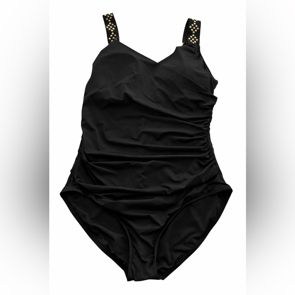 NWT Jantzen Black Tummy Control Ruched One Piece Gold Stud Strap Sz 16 Draped - Picture 2 of 14
